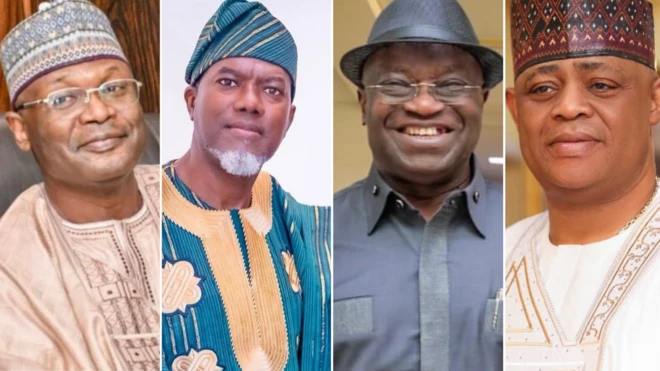 (L-R) Prof. Mahmood Yakubu, Reno Omokiri, Okezie Ikpeazu, Femi Fani-Kayode