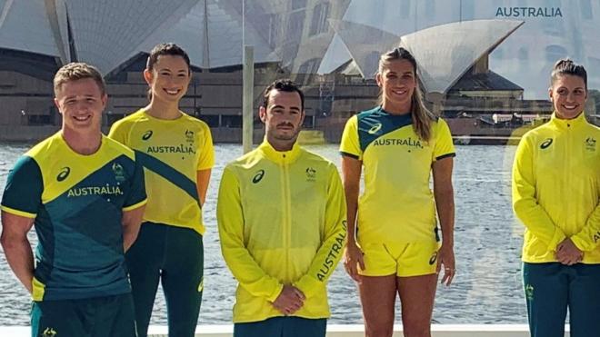 Australian Olympians pose in front of the Sydney Opera House. Photo: 31 March 2021