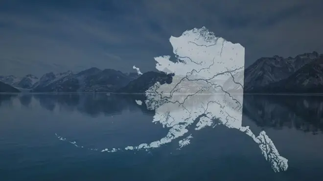 Mapa de Alaska con montañas de fondo