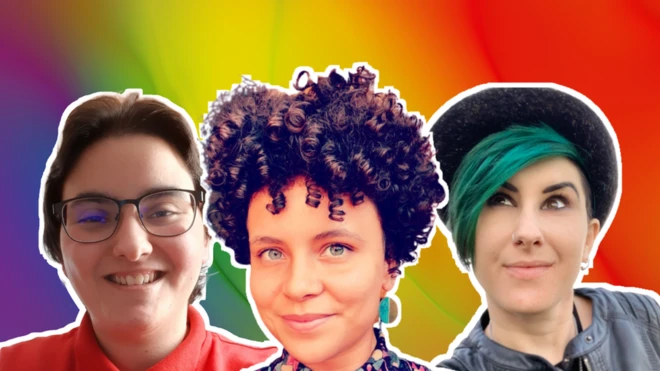 Portraits of Daniel, Jai, and Lyric appear on an abstract rainbow background