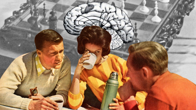 Uma mulher com ilustração de cérebro grande atrás dela e um tabuleiro de xadrez tomando café ao lado de dois homens