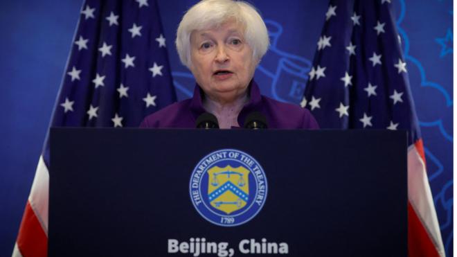 .S. Treasury Secretary Janet Yellen speaks during a press conference at the U.S. embassy in Beijing, China, July 9, 2023.
