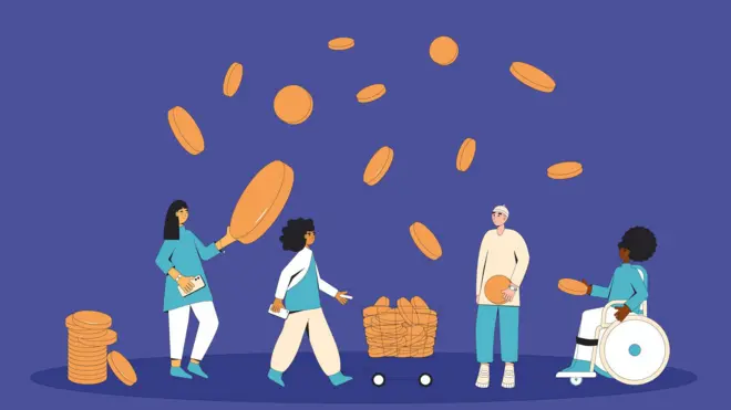 Havadan düşen madeni paraları yakalayan bir grup insanın çizimi