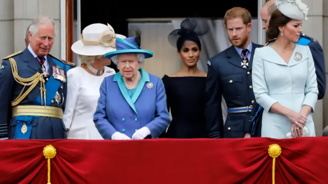 (De izquierda a derecha) Príncipe Carlos, princesa Camila, reina Isabel, duquesa Meghan, duque Harry, duque William y duquesa Kate.