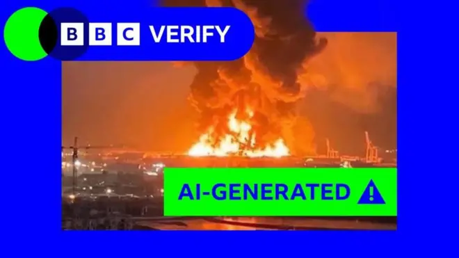 آتش‌سوزی عظیم درون کادر آبی رنگ با لوگوی بی‌بی‌سی وریفای