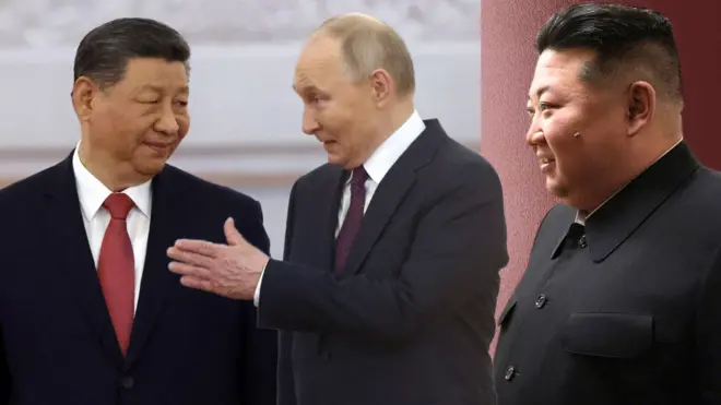 시진핑과 푸틴이 대화하는 모습을 김정은 위원장이 지켜보는 모습을 형상화한 이미지