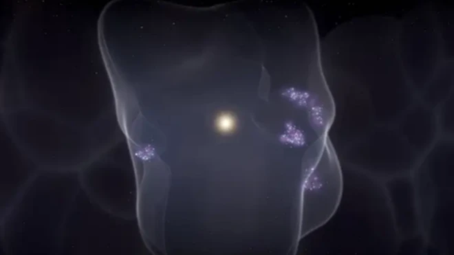 ภาพจำลองระบบสุริยะตรงใจกลางฟองอวกาศขนาดยักษ์ ซึ่งมีพื้นที่ก่อกำเนิดดวงดาวอยู่ตรงผิวรอบนอก