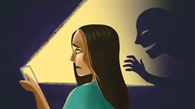 Illustration showing revenge porn victim looking at her phone.