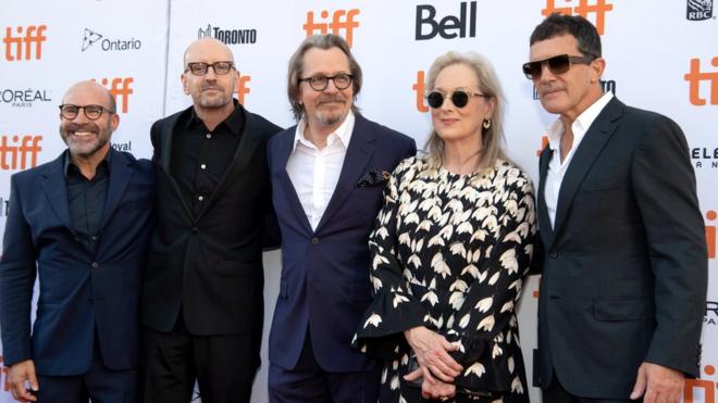 Scott Z. Burns, Steven Soderbergh, Gary Oldman, Meryls Streep and Antonio Banderas attend the North American Premiere of "The Laundromat" at the The Princess of Wales Theatre on September 09, 2019 in Toronto, Canada.
