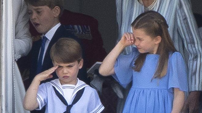 Prince George, Prince Louis and Princess Charlotte on the balcony at Horseguards Parade during the Trooping the Colour