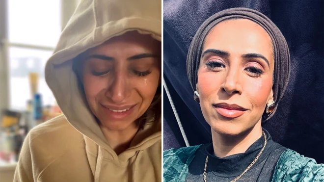 Split pic of 42-year-old Annika Waheed. On the left, Annika is wearing a white hoodie with the hood up. She has her eyes closed and her face is tear-stained. On the right, she is wearing make-up and smiling at the camera. 
