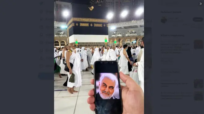 تصویری که توسط یک حساب توییتری به نام «خلیل دردمند» منتشر شده و در آن تصویر قاسم سلیمانی به همراه ساختمان کعبه دیده می‌شود