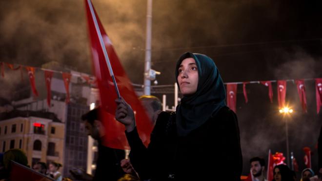 Supporters of Turkish President Recep Tayyip Erdogan at rally in Taksim Square, Istanbul. 19 July 216