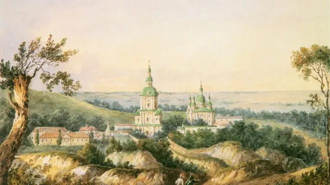 Кирилівський монастир. Картина Ф. Солнцева "Кирилівський монастир біля села Куренівки". Папір, акварель. 1843 рік. Державна наукова архітектурно-будівельна бібліотека ім. В. Г. Заболотного