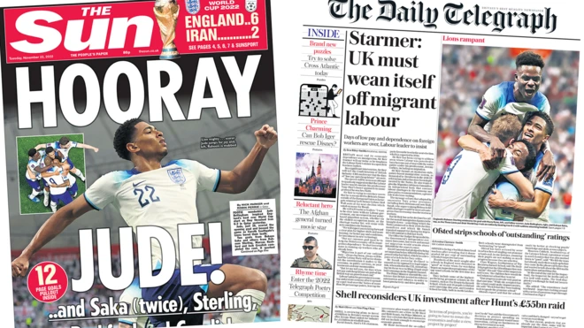 The headline in the Sun reads, "Hooray Jude! And Saka (twice), Sterling, Rashford and Grealish", while the headline in the Telegraph reads, "Starmer: UK must wean itself off migrant labour"