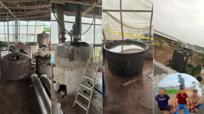 Images of di lab and blurred out images of di three Mexican nationals wey dey run di illegal meth lab for Ogun State, southwest Nigeria.