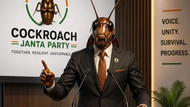 A staged political-style press conference scene featuring a human-like figure with a cockroach head wearing a dark suit and tie, standing behind a sleek podium with microphones. The podium and backdrop display the name “Cockroach Janta Party” alongside a cockroach emblem in orange, white, and green".