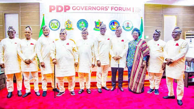 A photo of the PDP governors after their meeting in Ibadan on April 14 2025.
