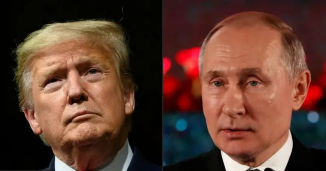 Trump ve Putin'in kafadan fotoğrafları yan yana konulmuş.