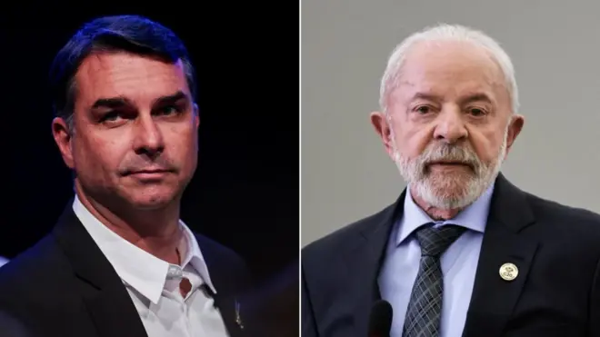 Montagem com foto de Flávio Bolsonaro e Lula, ambos com semblante neutro.