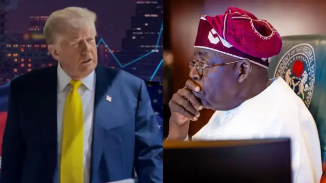 Aarẹ Donald Trump wọ kootu bukuu, nigba Aarẹ Bola Tinubu wọ aṣọ buba funfun pẹlu fila lori