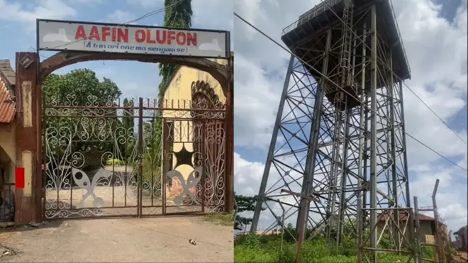 Aworan aafin Olufọn ti ilu Ifọn wa lapa osi, aworan agba omi kan wa lapa ọtun