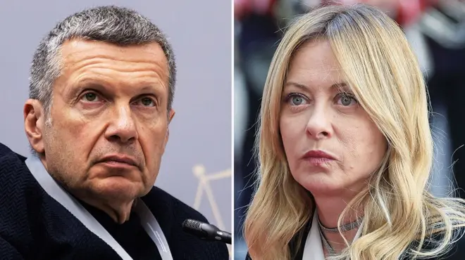 Коллаж из фото Владимира Соловьева и Джорджи Мелони. У Соловьева короткие седые волосы и карие глаза. У Мелони белокурые длинные волосы и голубые глаза.