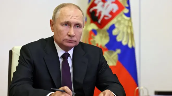 Russian President Vladimir Putin attends an extraordinary meeting of the Collective Security Council of the Collective Security Treaty Organization (CSTO) via video conference call at the Novo-Ogaryovo state residence, outside Moscow, Russia, 13 September 2022. Armenia asked for help from Russia, the CSTO and the UN in a new clash with Azerbaijan.