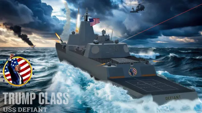 Плакат с изображением нового корабля в бою и Трампа на фоне американского флага