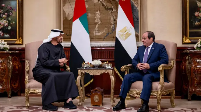 الرئيس المصري عبد الفتاح السيسي يجلس إلى جانب الرئيس الإماراتي الشيخ محمد بن زايد خلال استقبال الأخير في القاهرة وهما يجلسان على كرسيين منفصلين ويظهر خلفهما العلمان المصري والإماراتي.