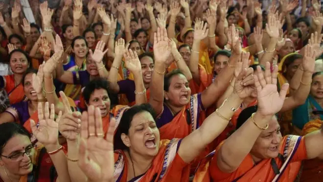 Members of Jain community shout slogans during a protest in Mumbai, on Monday, Aug 24, 2015