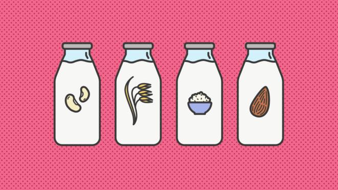 promo image for story on alternative milks with illustrations of almond, soy, rice and oat milk bottles