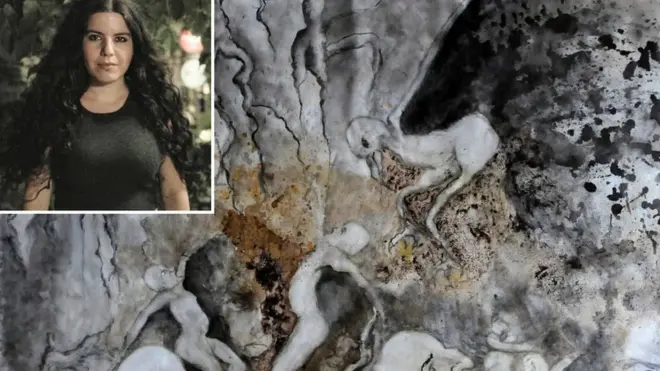 لوحة للفنانة زهرة دوغان تظهر مرافقة لأغنية بعنوان "إيران"