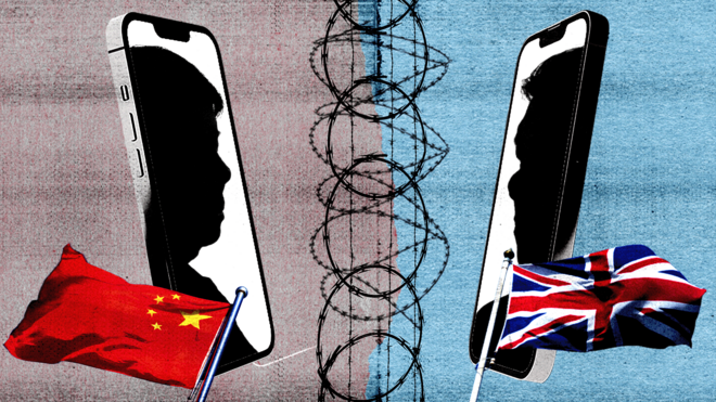 Graphic showing silhouetted figures on two mobile phones, one next to a Chinese flag and one next to a UK flag, separated by loops of razor wire