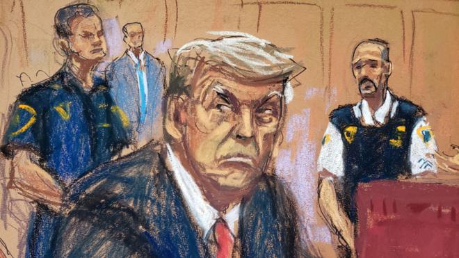 Un dibujo de Donald Trump en el tribunal con la cara enfadada.