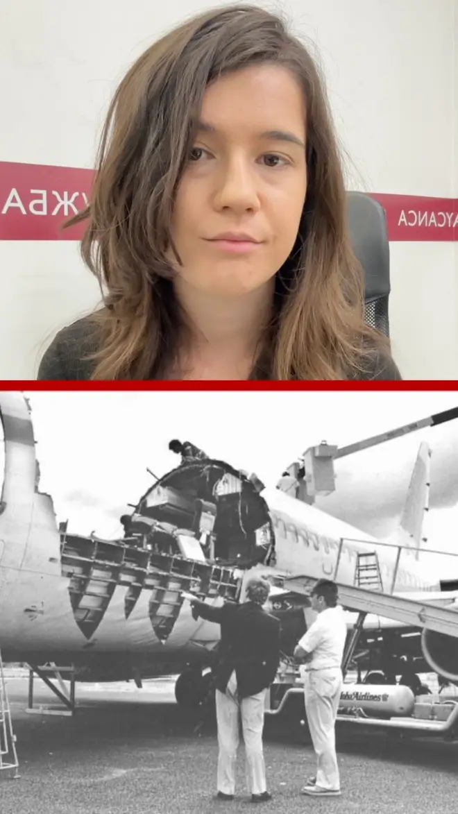Na fotografiji iznad reporterka gleda u kameru, na fotografiji ispod se vidi avion čiji je deo trupa ispao 1988.
