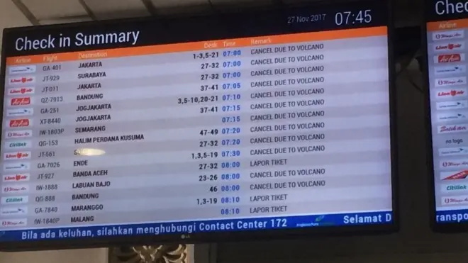 Penutupan sementara Bandar udara Ngurah Rai, Denpasar, karena erupsi vulkanik Gunung Agung, menyebabkan setidaknya ada 402 penerbangan dari dan menuju Bali terkena dampaknya.