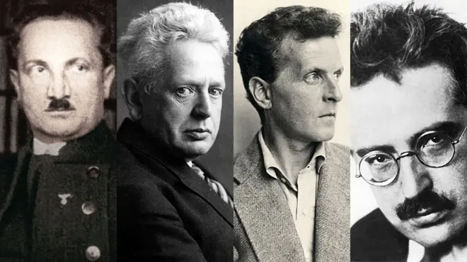 Los magos. De izquierda a derecha: Martin Heidegger, Ernst Cassirer, Ludwig Wittgenstein y Walter Benjamin.