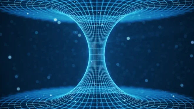 ภาพจำลองโครงสร้างของรูหนอน ซึ่งเกิดจากการบิดเบี้ยวและพับตัวของปริภูมิ-เวลา