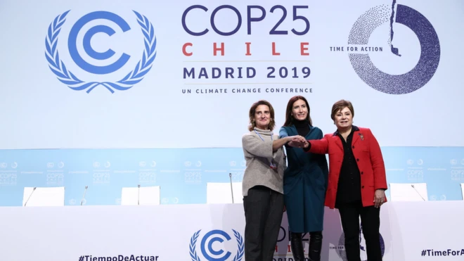 From left, Spain's minister for the ecological transition, Teresa Ribera, COP President Carolina Schmidt and UN climate chief Patricia Espinosa