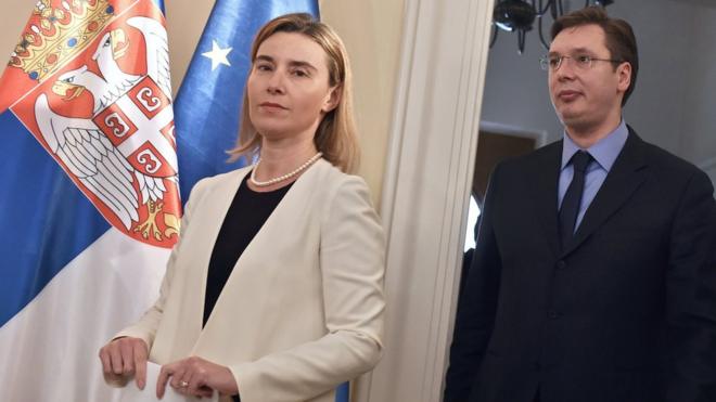 EU foreign affairs chief Federica Mogherini and Serbian Prime Minister Aleksandar Vucic, 2015 file pic