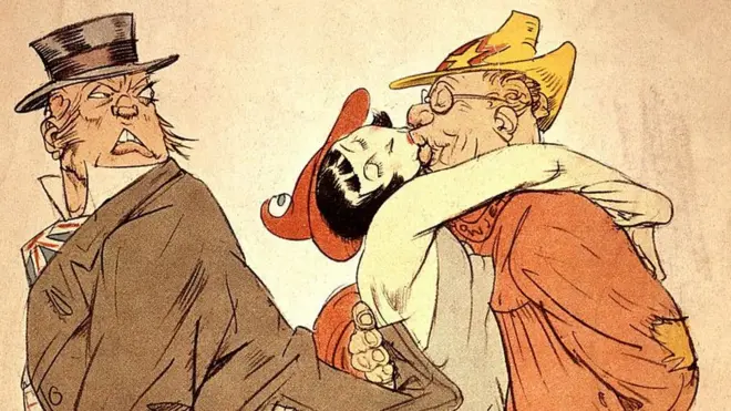 Biếm họa ở Đức năm 1935 nói về thái độ 'xoay theo chiều gió' cố hữu của Pháp: Cô gái Pháp ôm hôn 'ông Liên Xô' còn nhà quý tộc Anh quay lưng đi. Thái độ của Anh từ xưa là luôn giữ khoảng cách với các vấn đề ở lục địa