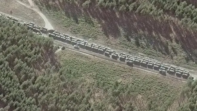 Maxar satellite imagery of the northern end of the convoy with logistics and resupply vehicles, southeast of Ivankiv, Ukraine