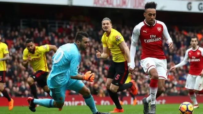 Pierre-Emerick Aubameyang sasa amefunga mara tatu katika mechi sita alizochezea Arsenal tangu ajiunge nao kwa £56m kutoka Borussia Dortmund Januari