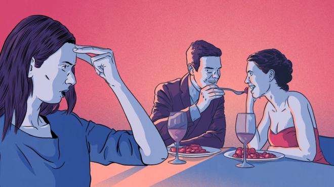 Illustration of a woman seeing her boyfriend on a date with another woman