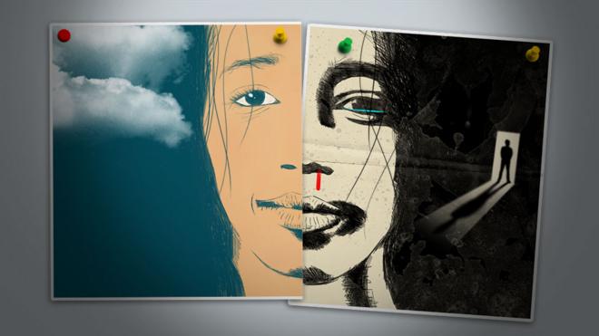 Una ilustración muestra a una mujer cuya cara está dividida en dos.