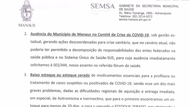 Em ofício enviadoarbety com14arbety comjaneiro ao Ministério da Saúde, Secretariaarbety comSaúdearbety comManaus diz que ivermectina e azitromicina são "medicamentos essenciais" para tratar covid-19