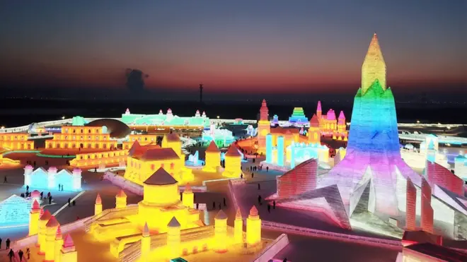 An aerial view of Harbin International Ice and Snow Sculpture Festival seen at night
