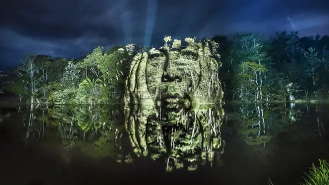 A man's face is projected onto the Brazilian rainforest canopy