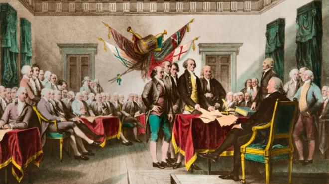 Ilustração de John Trumbull da assinatura da Declaração de Independência das 13 Colônias